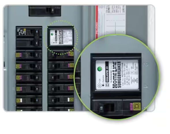 Breaker-style whole-home surge protector installed in a residential electrical panel by Flat River Electric.